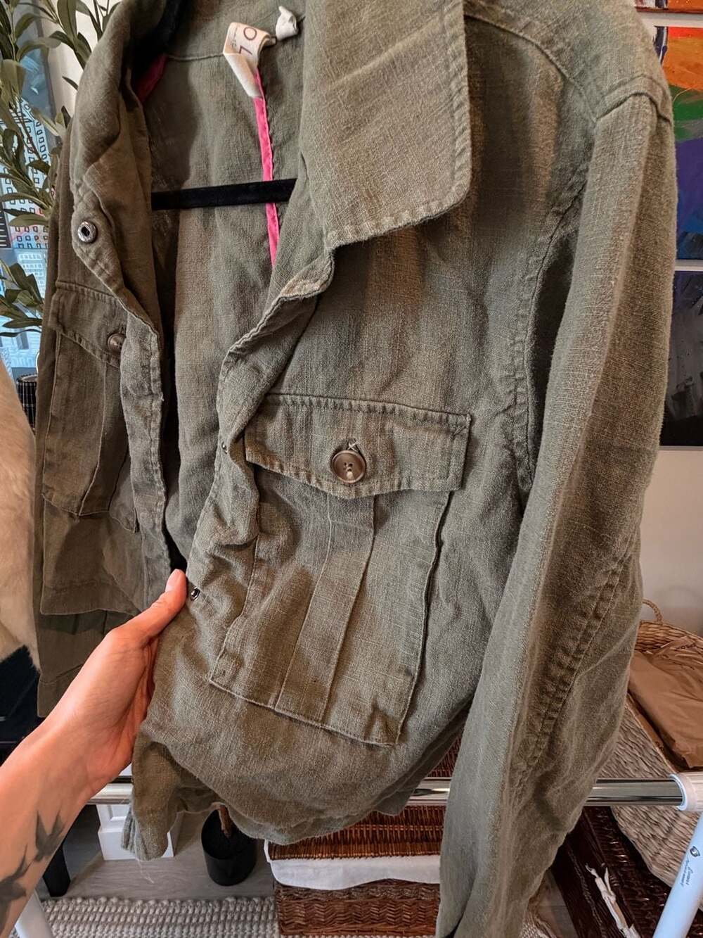 Women's Muted Earthy Olive Green Utility Military Style Linen Jacket Medium